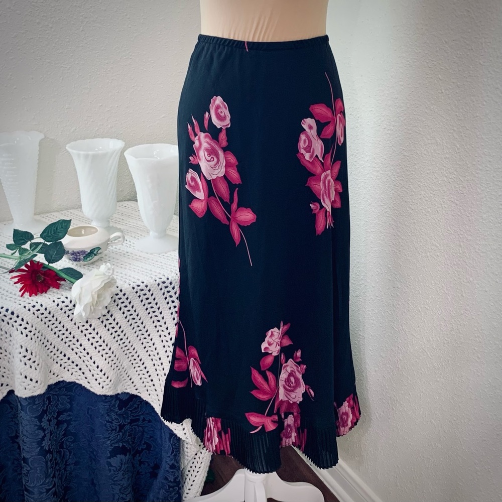 Vintage Bias Cut Accordion Pleat Roses Skirt, Sz 12